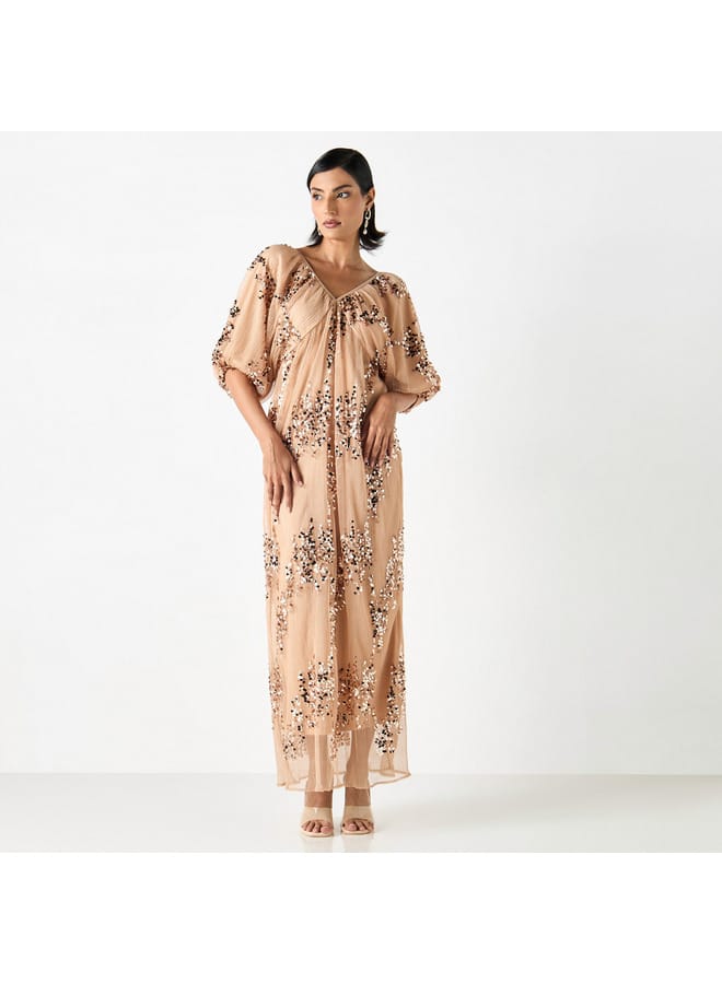2Xtremz 2Xtremz Sequin Embellished Textured Maxi Dress with V-neck and Volume Sleeves  - Image 1