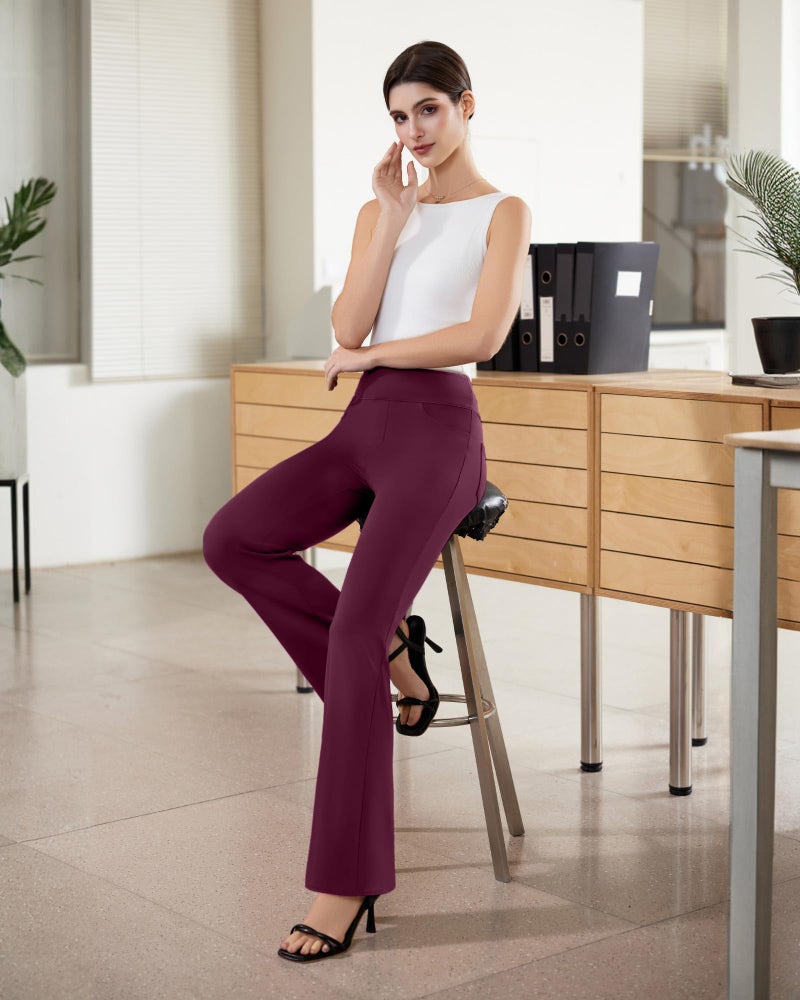 DLOODA Womens Dress Pants Stretchy Work Pants Business Casual Office Trousers Pull On Flare Slacks with 4 Pockets Burgundy - Image 3