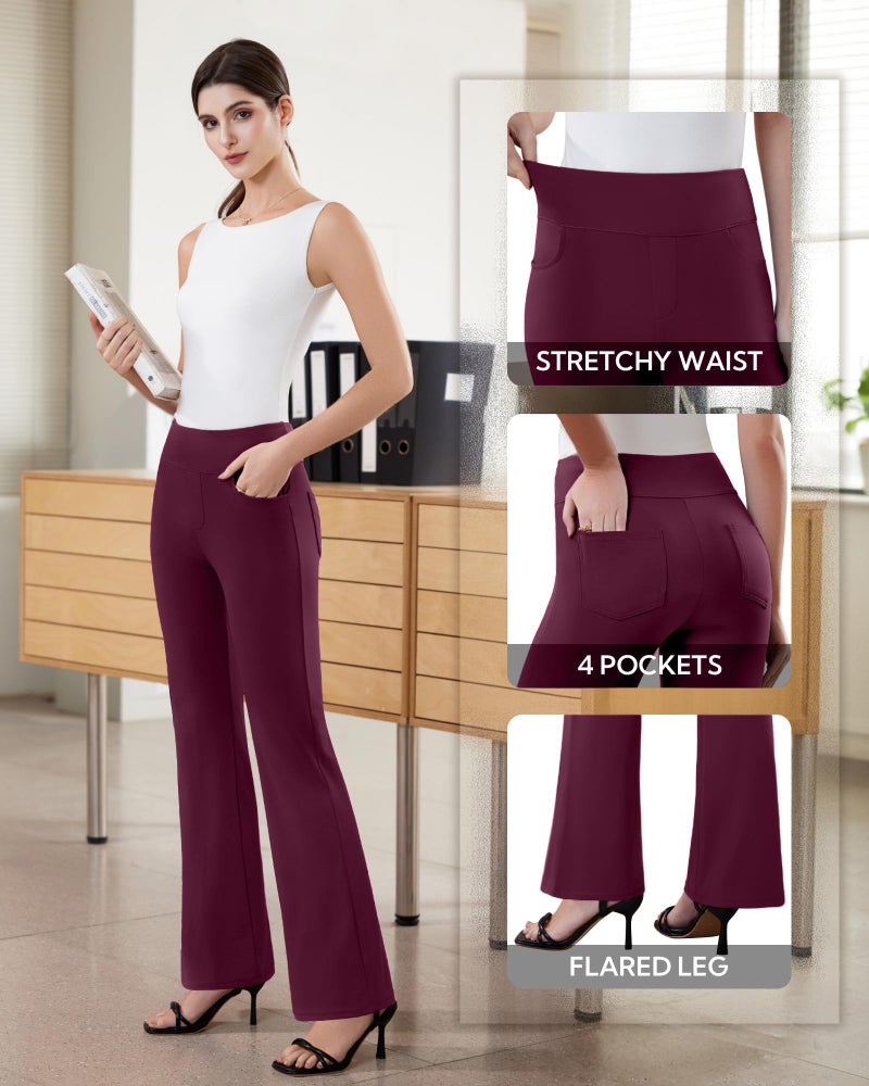 DLOODA Womens Dress Pants Stretchy Work Pants Business Casual Office Trousers Pull On Flare Slacks with 4 Pockets Burgundy - Image 5