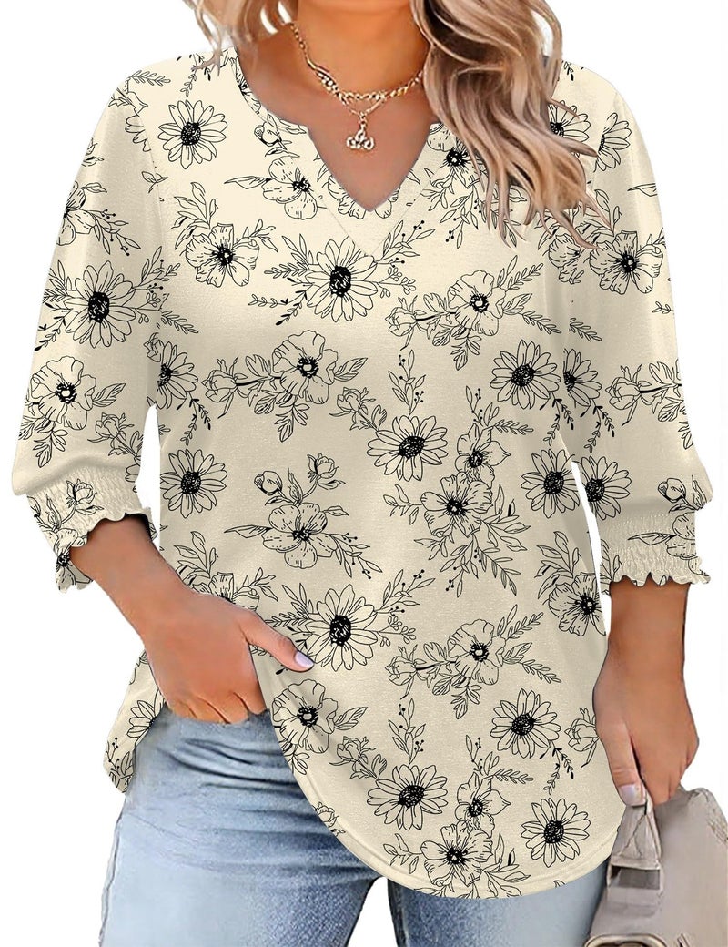 Rapbin Plus Size Tops for Curvy Women 4x-5x V Neck 3/4 Sleeve Tunic Tops Casual Soft Blouse 2025 Fall Fashion Trends (Apricot Black Floral 4XL) - Image 1