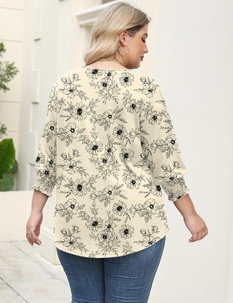 Rapbin Plus Size Tops for Curvy Women 4x-5x V Neck 3/4 Sleeve Tunic Tops Casual Soft Blouse 2025 Fall Fashion Trends (Apricot Black Floral 4XL) - Image 4