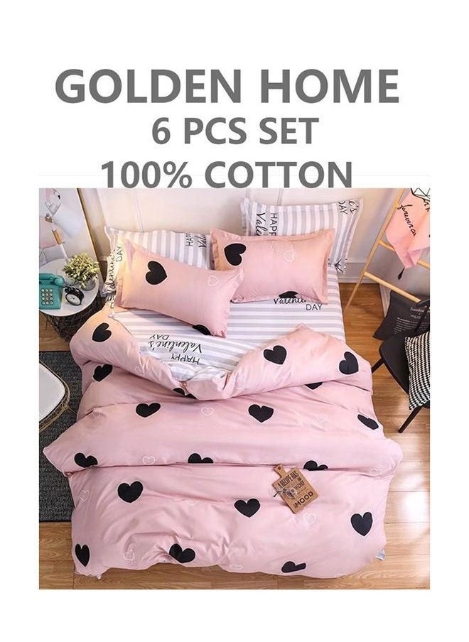 GOLDEN HOME 6-Piece Striped Printed King Size Cotton Duvet Cover Set Includes 1xFitted Bedsheet 200x200+30cm, 1xDuvet Cover 220x240 cm, 2xPillowcase 55x80cm, 2xCushion Case 45x70cm 