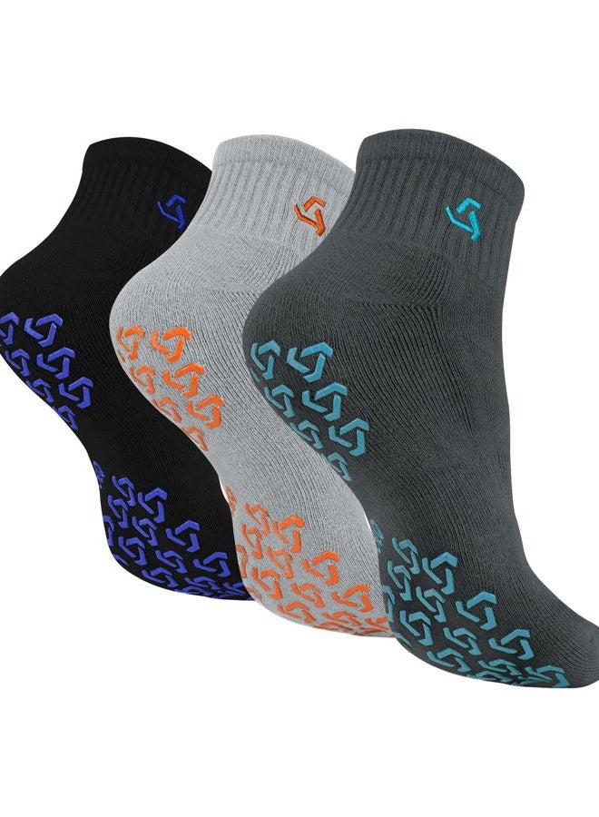 Ozaiic Non Slip Grip Socks for Yoga Home Workout Pure Barre, Pilates, Hospital, Ideal Cushion Socks for Men and Women, 3 Pairs - Royal Blue/Lake Blue/Orange, XL - Image 1