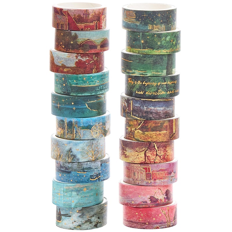 YUBX Landscape Washi Tape Set in Oil Painting Style 20 Rolls Scenery Drawing Masking Gold Foil Graphic Decorative Tapes for Arts, DIY Crafts, Journals, Planners, Scrapbook, Wrapping (Colourful) - Image 1