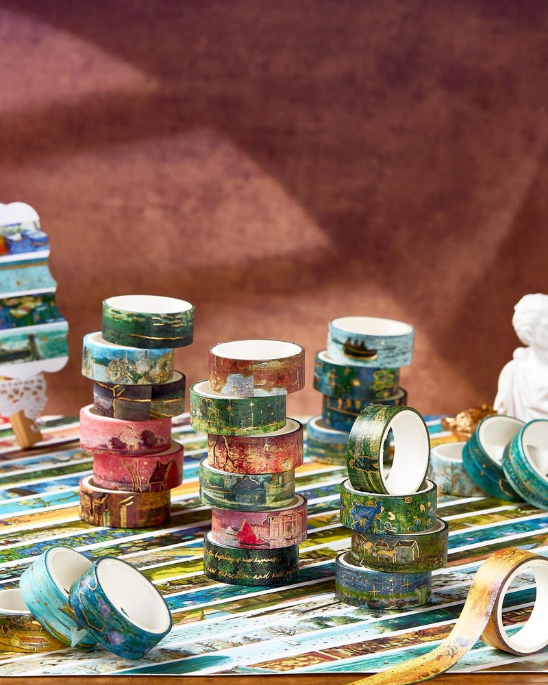 YUBX Landscape Washi Tape Set in Oil Painting Style 20 Rolls Scenery Drawing Masking Gold Foil Graphic Decorative Tapes for Arts, DIY Crafts, Journals, Planners, Scrapbook, Wrapping (Colourful) - Image 2