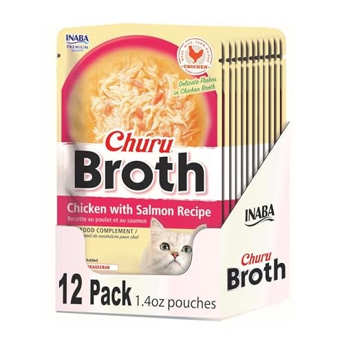INABA Churu Broth for Cats, Side Dish Pouch, 1.4 Ounces per Pouch, 12 Pouches, Chicken with Salmon Recipe - Image 1