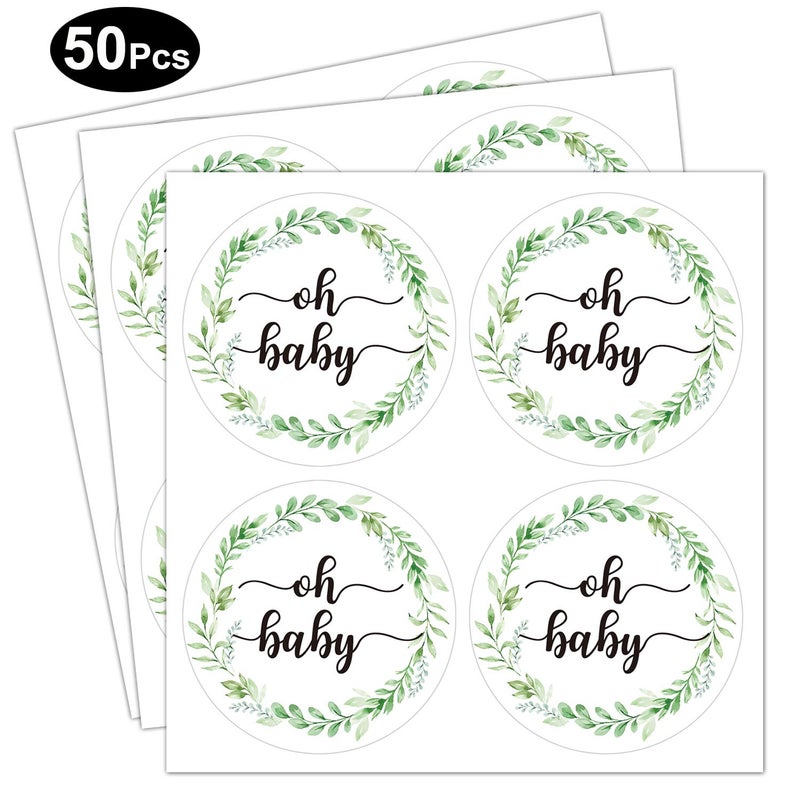 None/Brand None Brand 50 Pcs Greenery Baby Shower Thank You Labels, 2 Inch Round Stickers, Green Leaf Design, Botanical Baby Stickers - Image 5