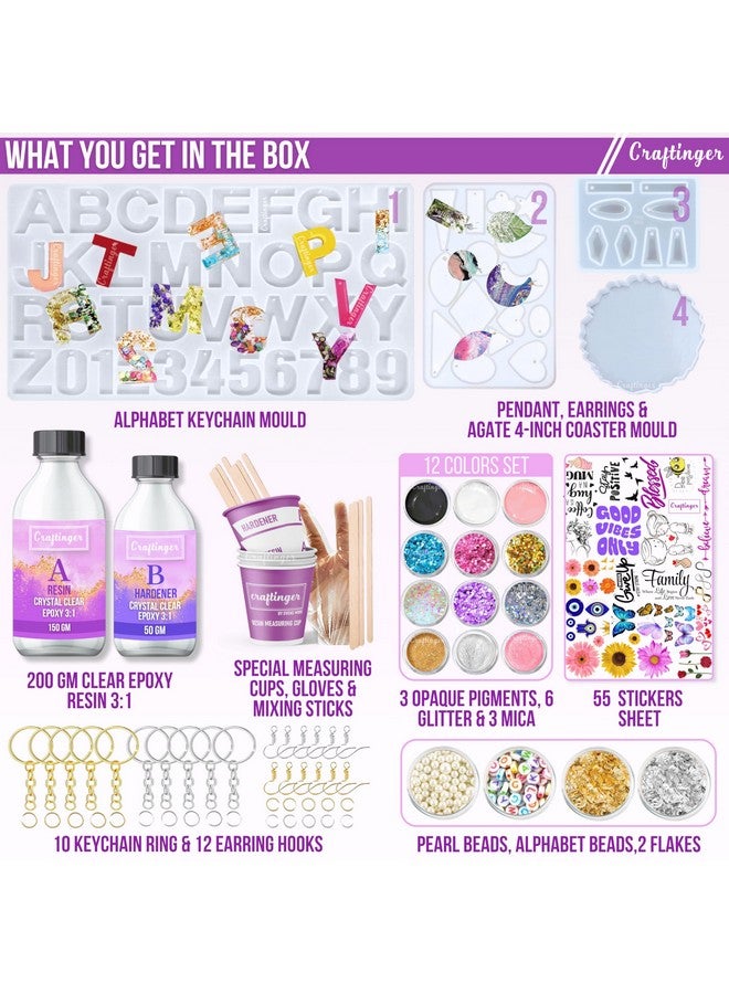 Craftinger DIY 85 Pcs Pro Resin Art Kit with 200 Gm Resin and Coasters Alphabet Keychain Earring Making Kit with Pigment Glitter Mica and More, Multicolour - Image 2