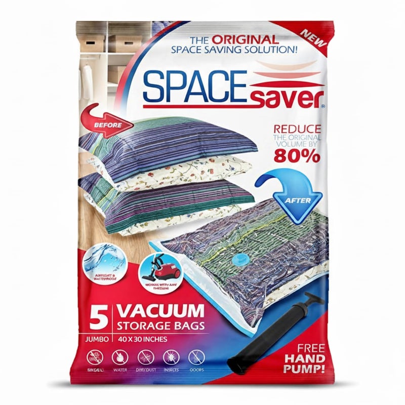 5 Pack Jumbo Vacuum Storage Bags for Comforters Blankets  Clothes  Jumbo Vacuum Sealed Compression Bags with Hand Pump  Space Saver Storage Bags for Bedding Moving Travel  Organization