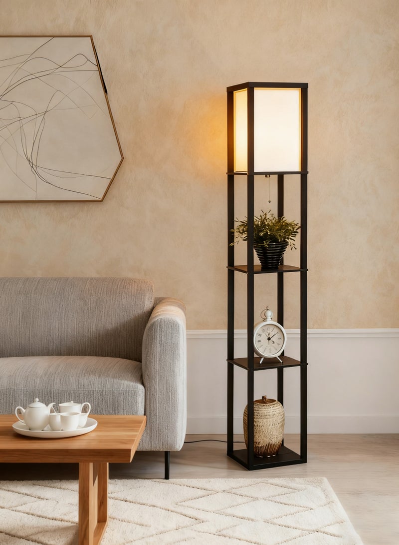 عربست مصباح أرضي بغطاء مصباح ولمبة LED مصابيح أرضية في الزاوية مع أرفف لغرفة المعيشة وغرفة النوم والمكتب أسود اضاءه ارضيه - Image 1