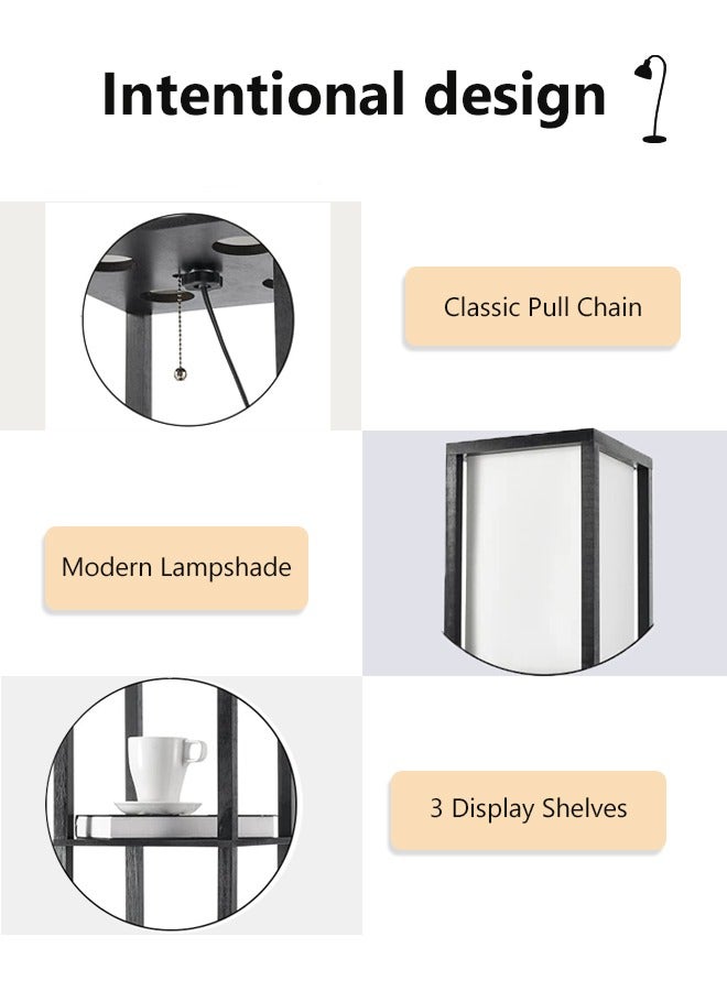 عربست مصباح أرضي بغطاء مصباح ولمبة LED مصابيح أرضية في الزاوية مع أرفف لغرفة المعيشة وغرفة النوم والمكتب أسود اضاءه ارضيه - Image 3