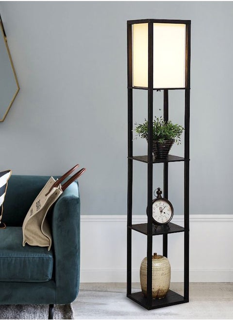 Modern Shelf Floor Lamp with Lamp Shade and LED Bulb Corner Display Floor Lamps with Shelves for Living Room Bedroom and Office Black