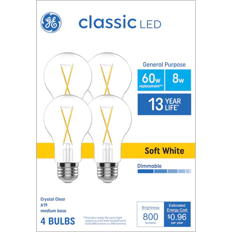 GE Classic LED 60 Watt Replacement Soft White A19 General Purpose Bulbs 4 Pack