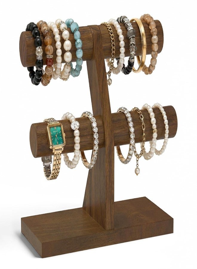 EsLuker.ly Bracelet Holder Display Wooden Stand Organizer, T Bar Bangle Storage Rack for Home Vendors Business Selling, Large Capacity 2 Tier Jewelry Tree Tower for Watches, No Clutter, Brown - Image 1