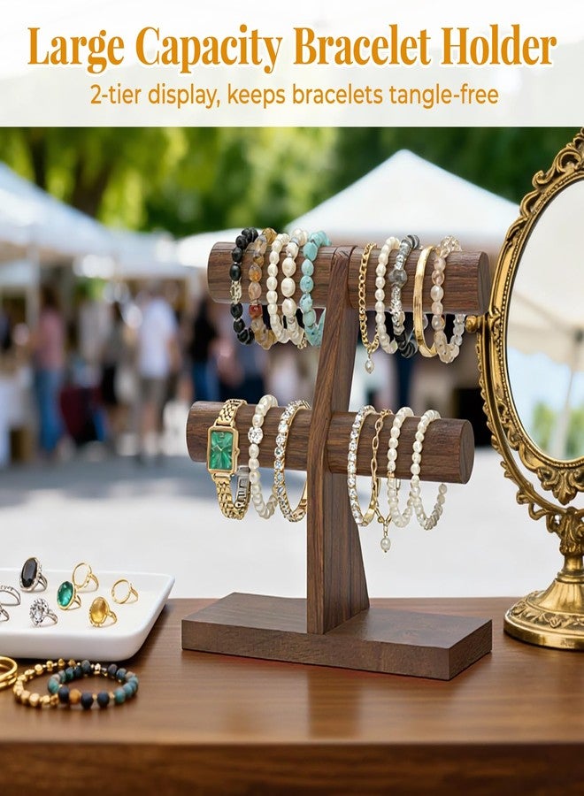 EsLuker.ly Bracelet Holder Display Wooden Stand Organizer, T Bar Bangle Storage Rack for Home Vendors Business Selling, Large Capacity 2 Tier Jewelry Tree Tower for Watches, No Clutter, Brown - Image 2