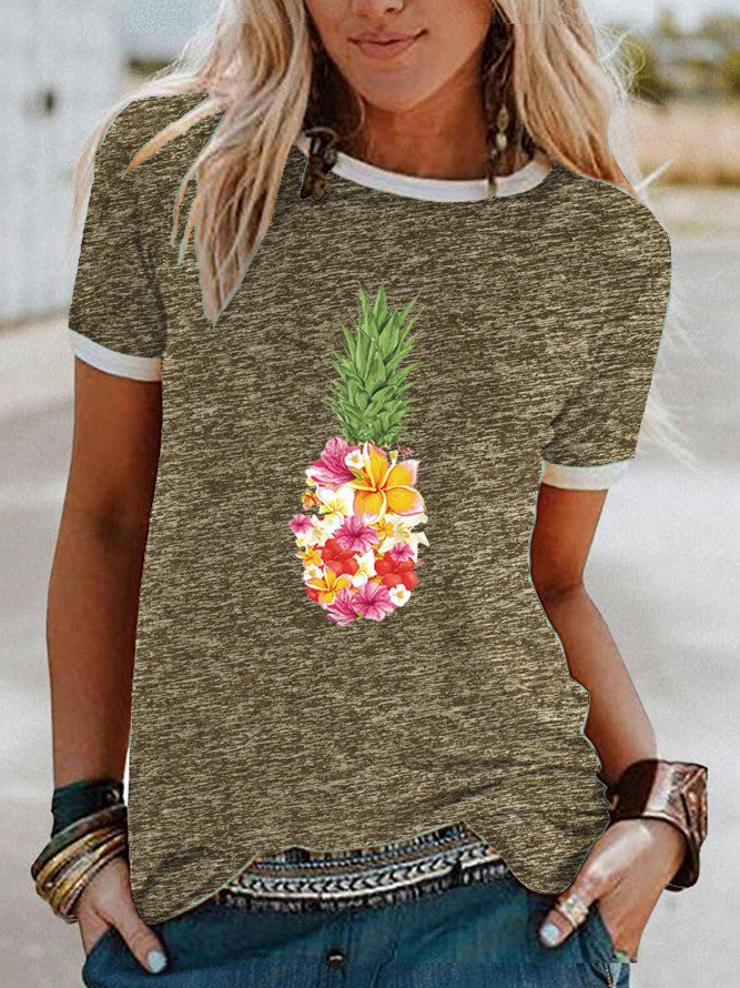 Wish Flower Pineapple Pattern Printed Edge Short Sleeve T-Shirt For Women - Image 3