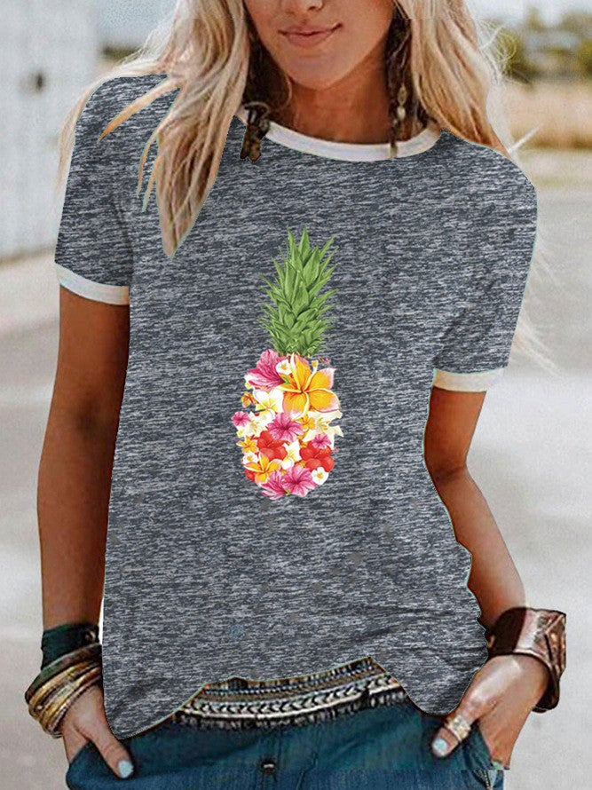 Wish Flower Pineapple Pattern Printed Edge Short Sleeve T-Shirt For Women - Image 5