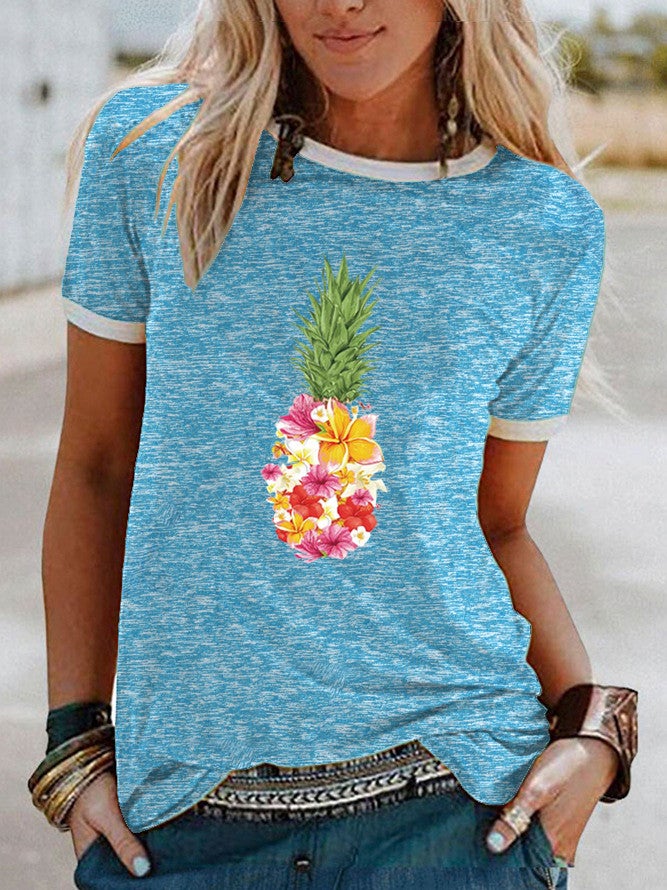 Wish Flower Pineapple Pattern Printed Edge Short Sleeve T-Shirt For Women - Image 4