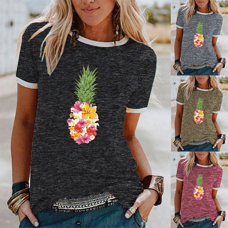 Wish Flower Pineapple Pattern Printed Edge Short Sleeve T-Shirt For Women - Image 2