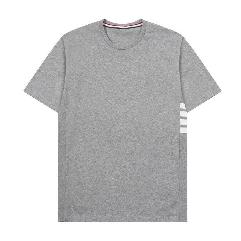 Tb Jl Summer Casual Round Neck Side Four-Bar Yarn-Dyed Stripesd Loose Cotton Short-Sleeved T-Shirt for Men and Women - Image 1