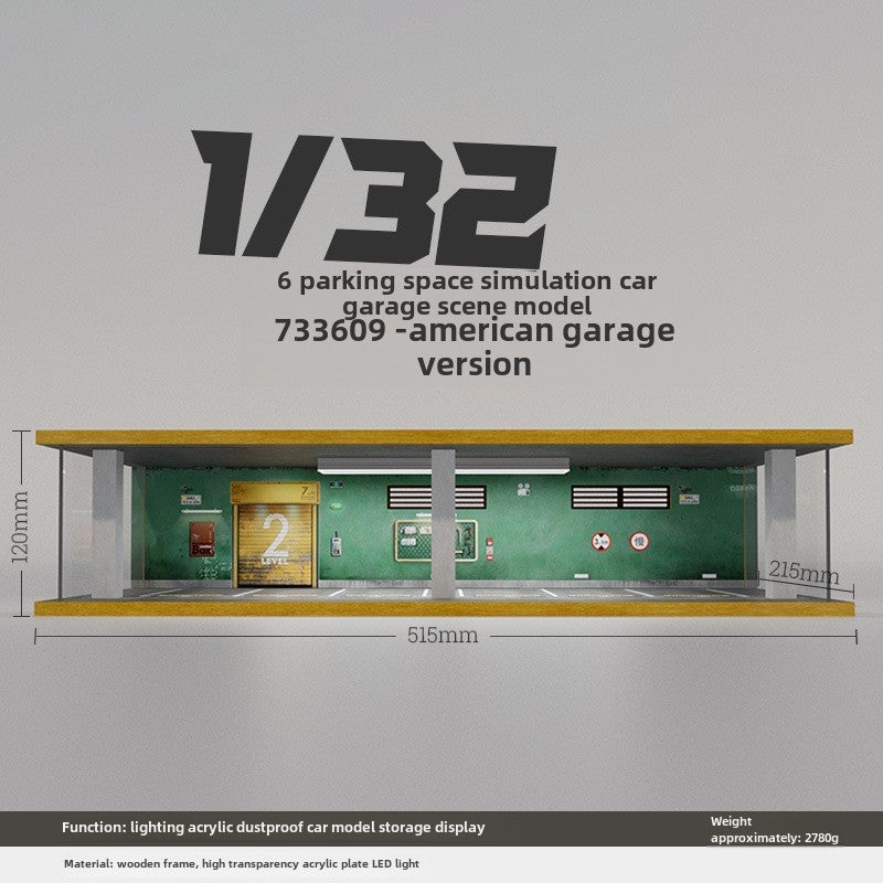 Loquat Wholesale Miniature Car Garage Model, Wooden Dustproof Cover with Light, 1:32 733609-six-car American garage