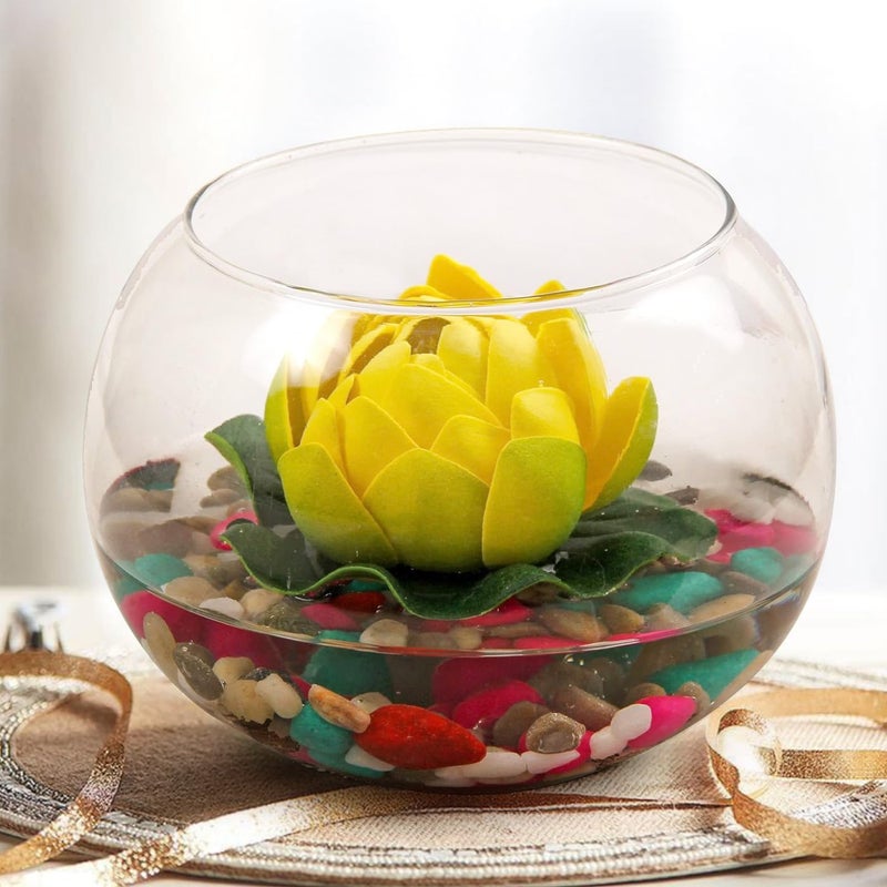 TIED RIBBONS Tied Ribbons Decorative Round Glass Vase with Artificial Lotus Flower and Natural Stones for Home Decor Living Room Bedroom Office Hall Pooja Room Gift Item  - Image 1