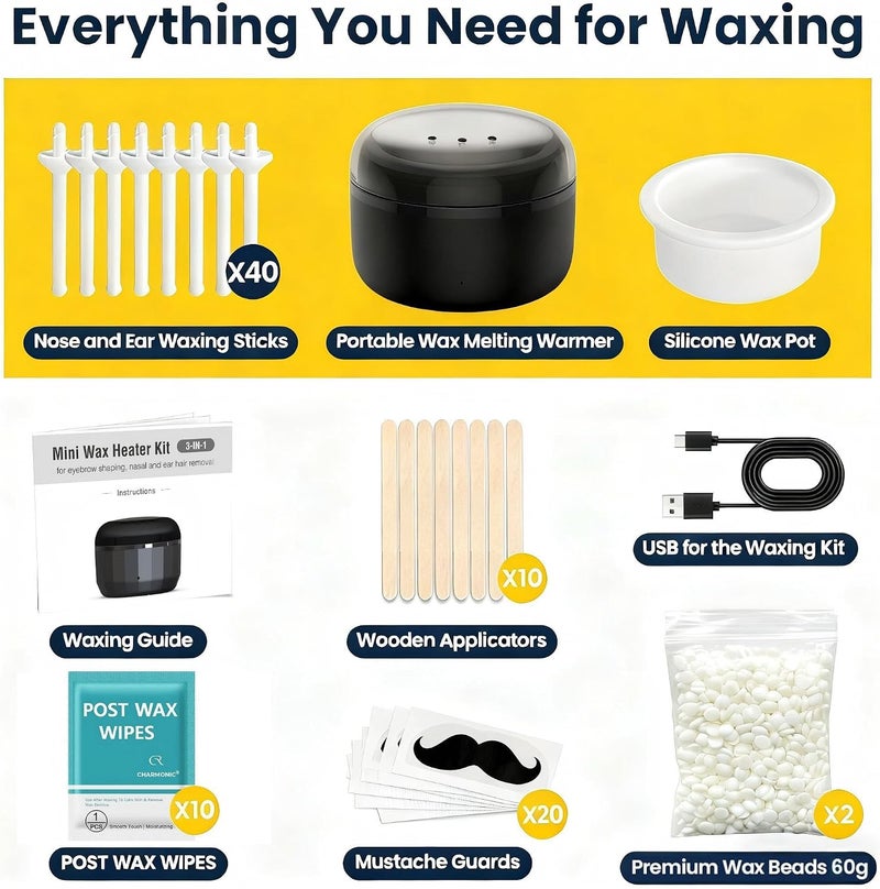 Charmonic Nose Wax Kit, 120g Wax Beads, Nose Hair Wax for Men and Women, 15-20 Uses Painless Nasal & Ear Hair Removal With 40 Applicators, Wooden Sticks, Balm Wipes and Moustache Guards | Lasts up to 5 Weeks - Image 2