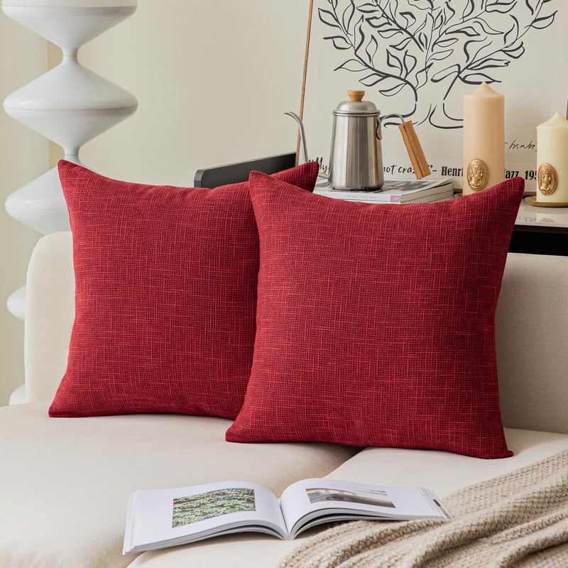 K KEVIN TEXTILE Kevin Textile Farmhouse Faux Linen Christmas Decorative Throw Pillow Case Cushion Cover Pillowcase for Sofa 18 x 18 Inch/45cm x 45cm  Set of 2  Red  - Image 1