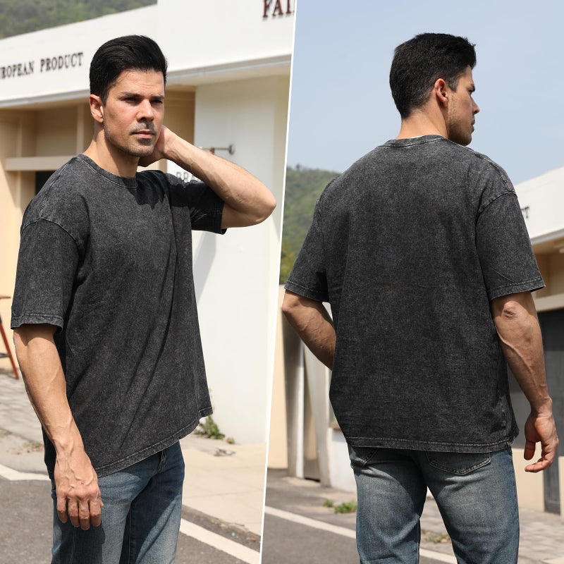 Eadali 3 Pack Menâ€™s Oversized T-Shirts â€“ Washed Cotton Loose Fit Tees, Drop Shoulder Crew Neck, Vintage Baggy Style Streetwear Tops(Black/Brown/Gray,L) - Image 2