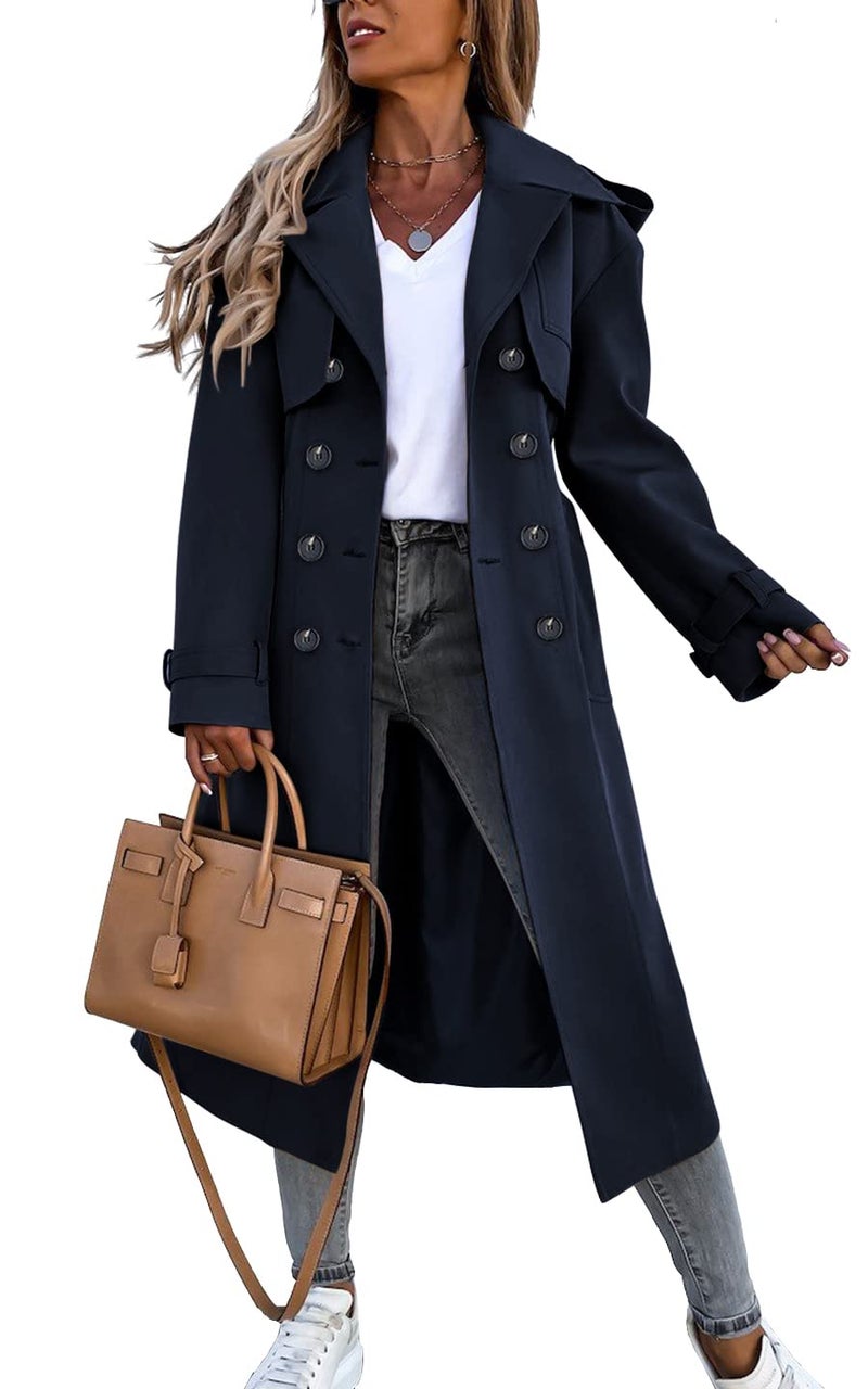 Fisoew Women's Double Breasted Long Trench Coat Windproof Classic Lapel Belted Overcoat with Pockets Small - Image 1