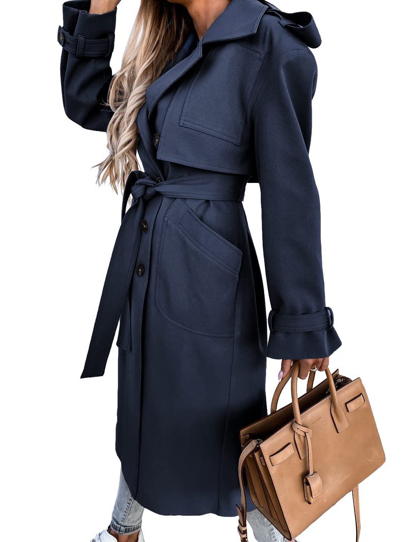 Fisoew Women's Double Breasted Long Trench Coat Windproof Classic Lapel Belted Overcoat with Pockets Small - Image 3