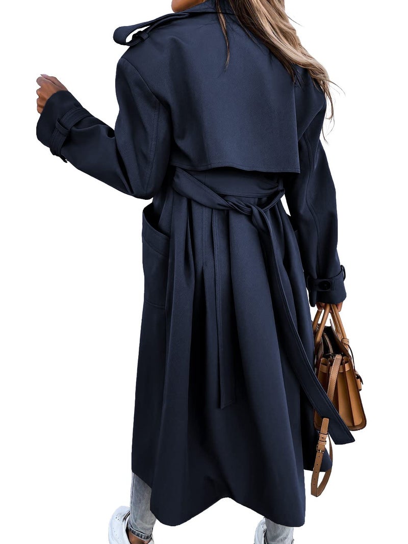 Fisoew Women's Double Breasted Long Trench Coat Windproof Classic Lapel Belted Overcoat with Pockets Small - Image 4