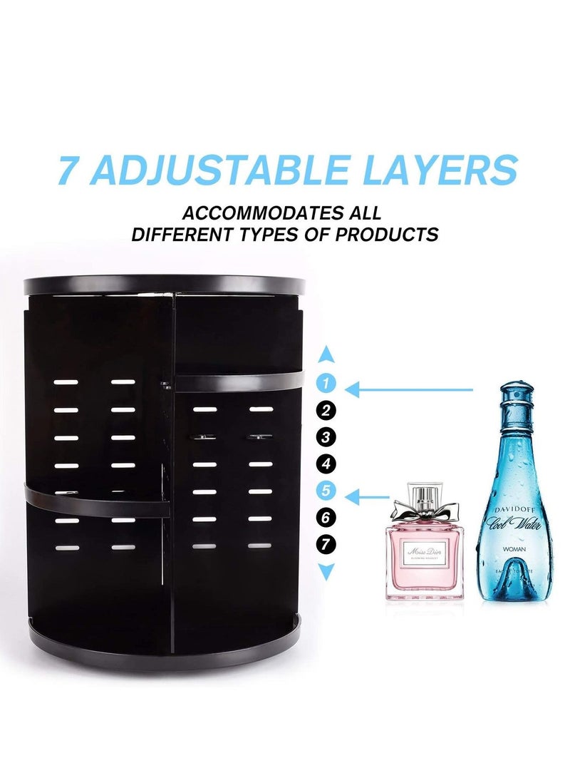 AS SEEN ON TV منظم مكياج مستحضرات التجميل قابل للتعديل يدور 360 درجة، مخزن دائري لمستحضرات التجميل وأدوات الزينة والمجوهرات والمكياج والفرش وأحمر الشفاه والتونر والكريمات أسود - Image 3