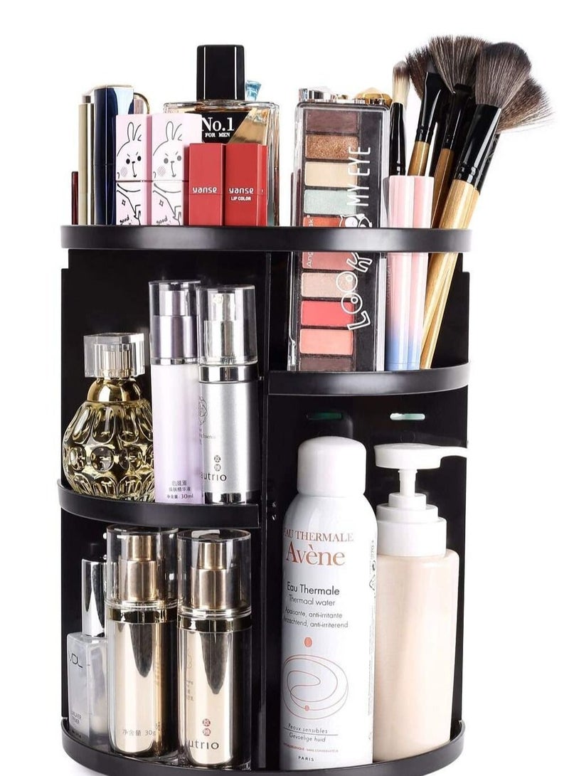 AS SEEN ON TV منظم مكياج مستحضرات التجميل قابل للتعديل يدور 360 درجة، مخزن دائري لمستحضرات التجميل وأدوات الزينة والمجوهرات والمكياج والفرش وأحمر الشفاه والتونر والكريمات أسود - Image 1