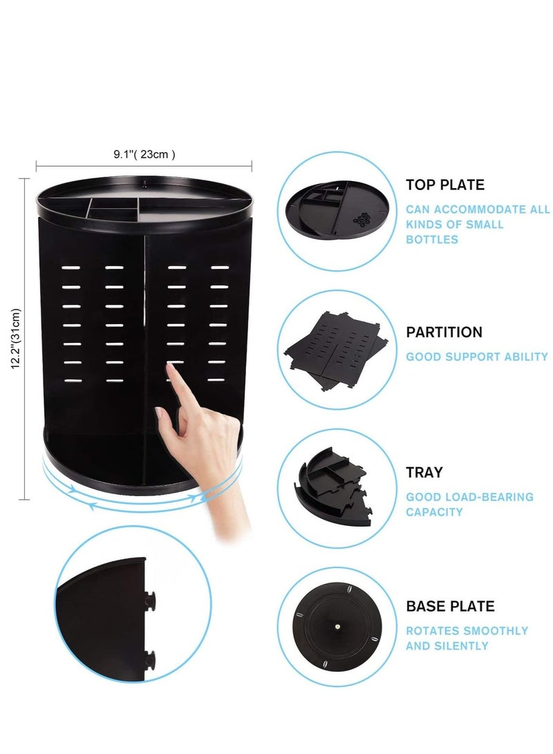 AS SEEN ON TV منظم مكياج مستحضرات التجميل قابل للتعديل يدور 360 درجة، مخزن دائري لمستحضرات التجميل وأدوات الزينة والمجوهرات والمكياج والفرش وأحمر الشفاه والتونر والكريمات أسود - Image 5
