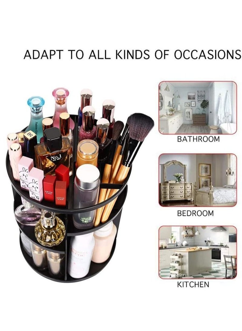 AS SEEN ON TV منظم مكياج مستحضرات التجميل قابل للتعديل يدور 360 درجة، مخزن دائري لمستحضرات التجميل وأدوات الزينة والمجوهرات والمكياج والفرش وأحمر الشفاه والتونر والكريمات أسود - Image 4
