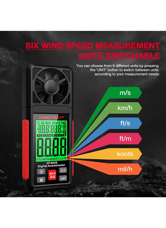 Digital Anemometer 0-12 Beaufort Scale Handheld Wind Speed Meter with Backlight LCD Screen Air Flow Meter