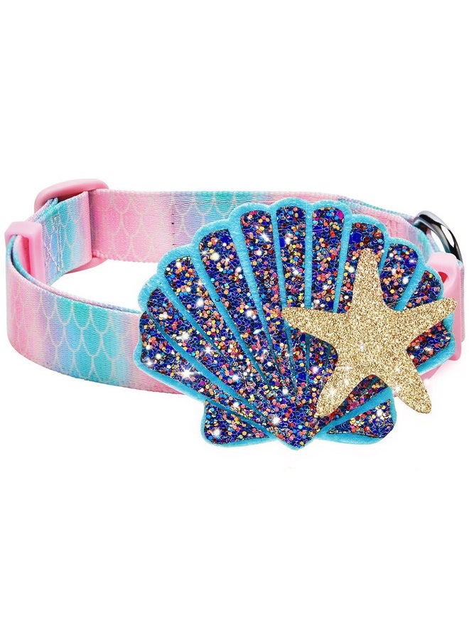 Blueberry Pet Blueberry Pet Summer Sparkle Dog Collar, Adjustable Large, Neck 18"-26", Pink and Blue, Ocean Mermaid Scales Print Nautical Pet Collar with Detachable Seashells Accessory  - Image 1