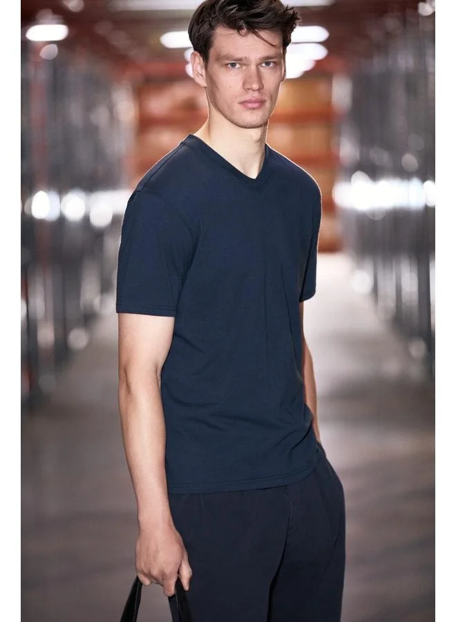 Grimelange ALMERI Men's 100% Cotton Soft Fabric V-Neck Navy T-Shirt.