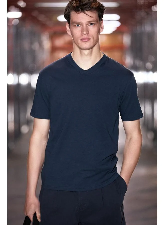 Grimelange ALMERI Men's 100% Cotton Soft Fabric V-Neck Navy T-Shirt.