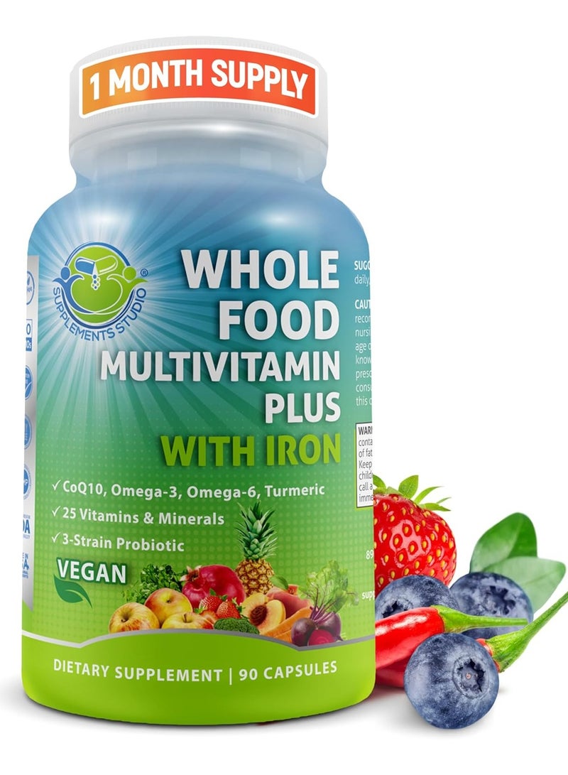 فيتامينات غذائية كاملة نباتية مع الحديد، فيتامينات متعددة يومية للنساء والرجال، مصنوعة من الفواكه والخضروات، مركب ب، البروبيوتيك، الإنزيمات، مرافق الإنزيم Q10، أوميغا، الكركم، غير معدلة وراثيًا، 90 قطعة