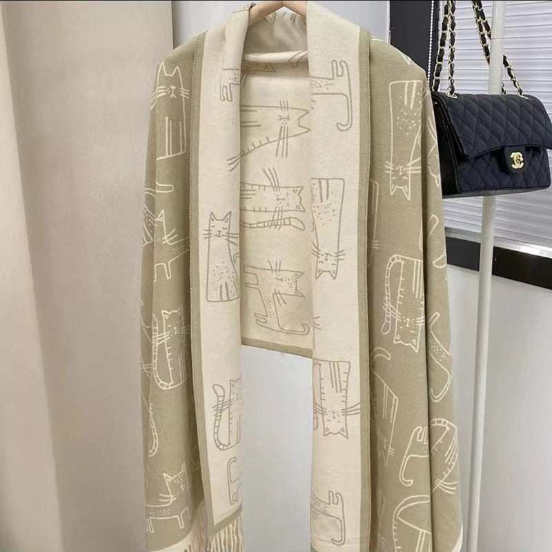 Scarf Womens Autumn and Winter Internet Popular Cute Girl Imitation Cashmere Thickened Kitten Windproof Shawl Wearable Neck Dual-Use khaki-kitty - Image 2