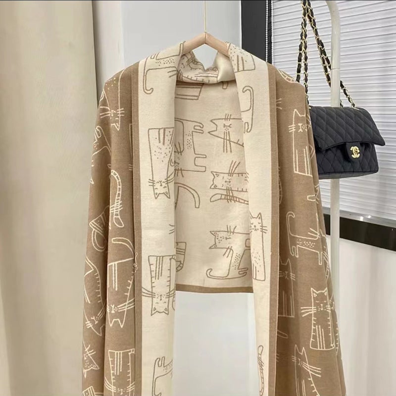 Scarf Womens Autumn and Winter Internet Popular Cute Girl Imitation Cashmere Thickened Kitten Windproof Shawl Wearable Neck Dual-Use khaki-kitty - Image 1