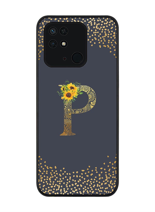 Stylizedd Rugged Black edge case for Redmi 10C 4G  Slim fit Soft Case Flexible Rubber Edges Anti Drop TPU Gel Thin Cover - Custom Monogram Initial Letter Floral Pattern Alphabet - P (Grey ) - Image 1