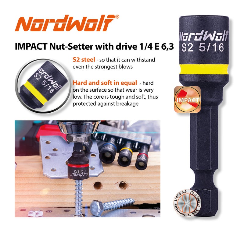 NordWolf 5-Piece SAE Nut Driver Set, S2 Steel Impact Magnetic Nut Setters, Imperial Sizes 1/4"-5/16"-3/8"-7/16"-1/2" - Image 3