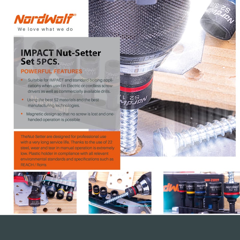 NordWolf 5-Piece SAE Nut Driver Set, S2 Steel Impact Magnetic Nut Setters, Imperial Sizes 1/4"-5/16"-3/8"-7/16"-1/2" - Image 5