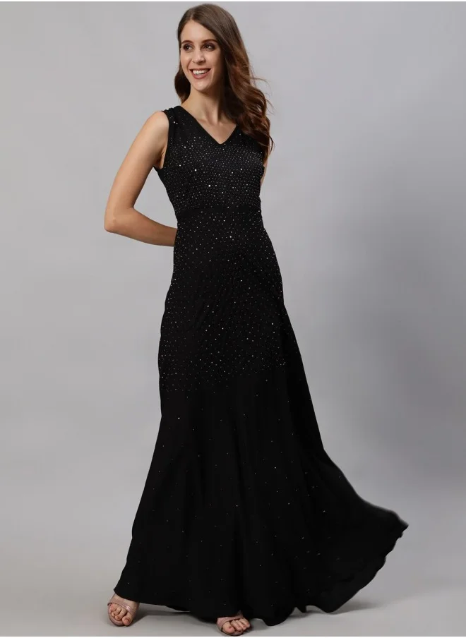 آي شين Black Embellished Crepe Maxi Dress