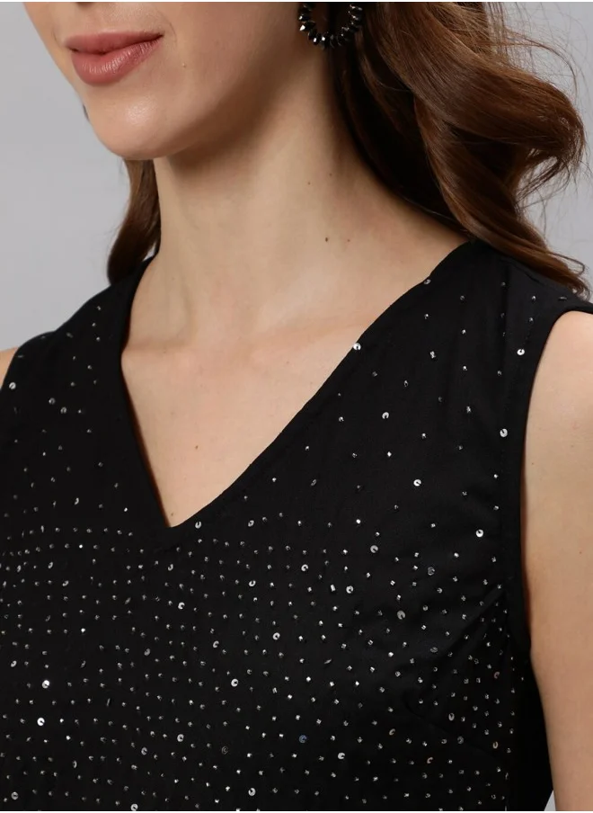 ISHIN Aline Fit Self Design Pattern V-Neck Neck 3/4 sleeve Black Colour Woven Cotton Dresses for Women with Semi Elastic Closure - Designed with Style and Comfort