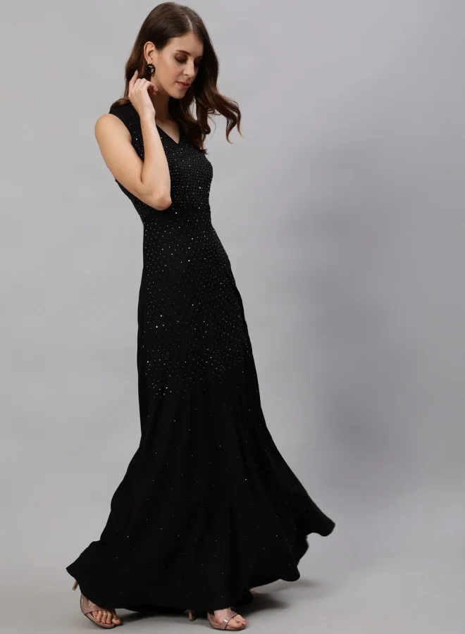 آي شين Women's Black 100% Cotton Self Design A-Line Dress