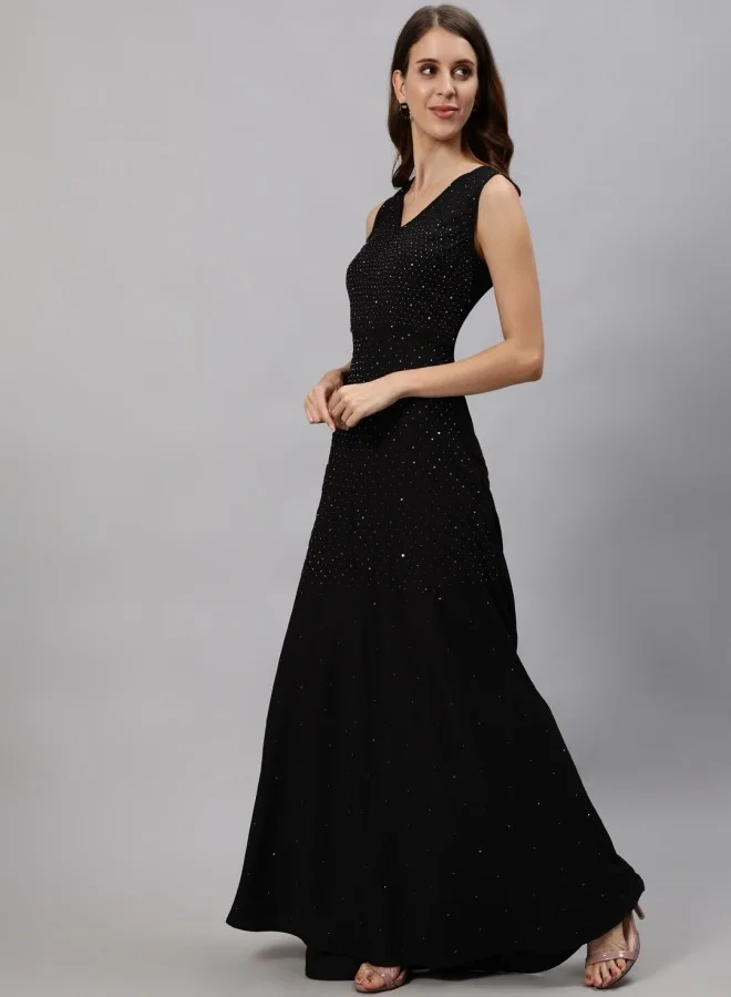 آي شين Women's Black 100% Cotton Self Design A-Line Dress